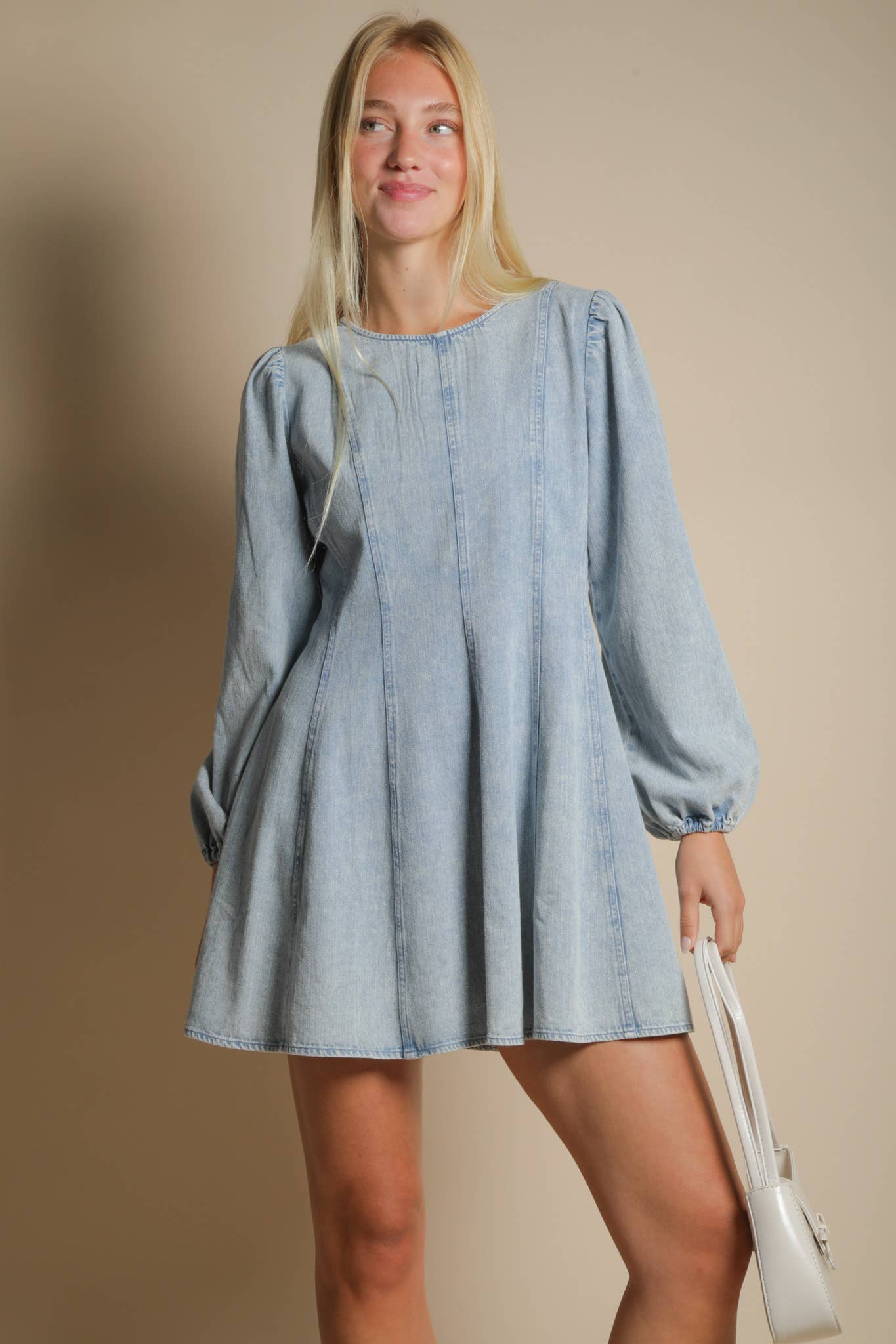 -Mineral Washed Denim Seam Detail Mini Dress