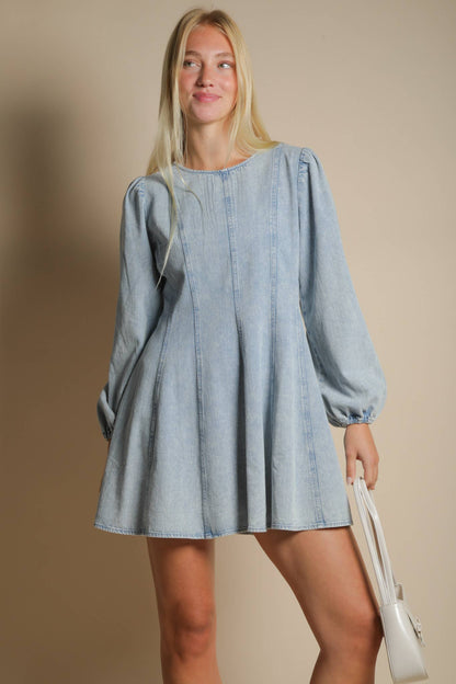 -Mineral Washed Denim Seam Detail Mini Dress