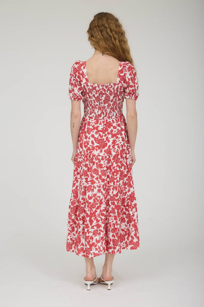 FLORAL PUFF SLEEVE SMOCKED TIERED MIDI DRESS