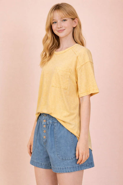 NT11108-Mineral Washed Knit Top with Pocket