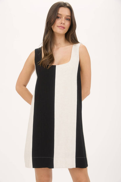 WIDE STRIPE SLEEVELESS LINEN MINI DRESS