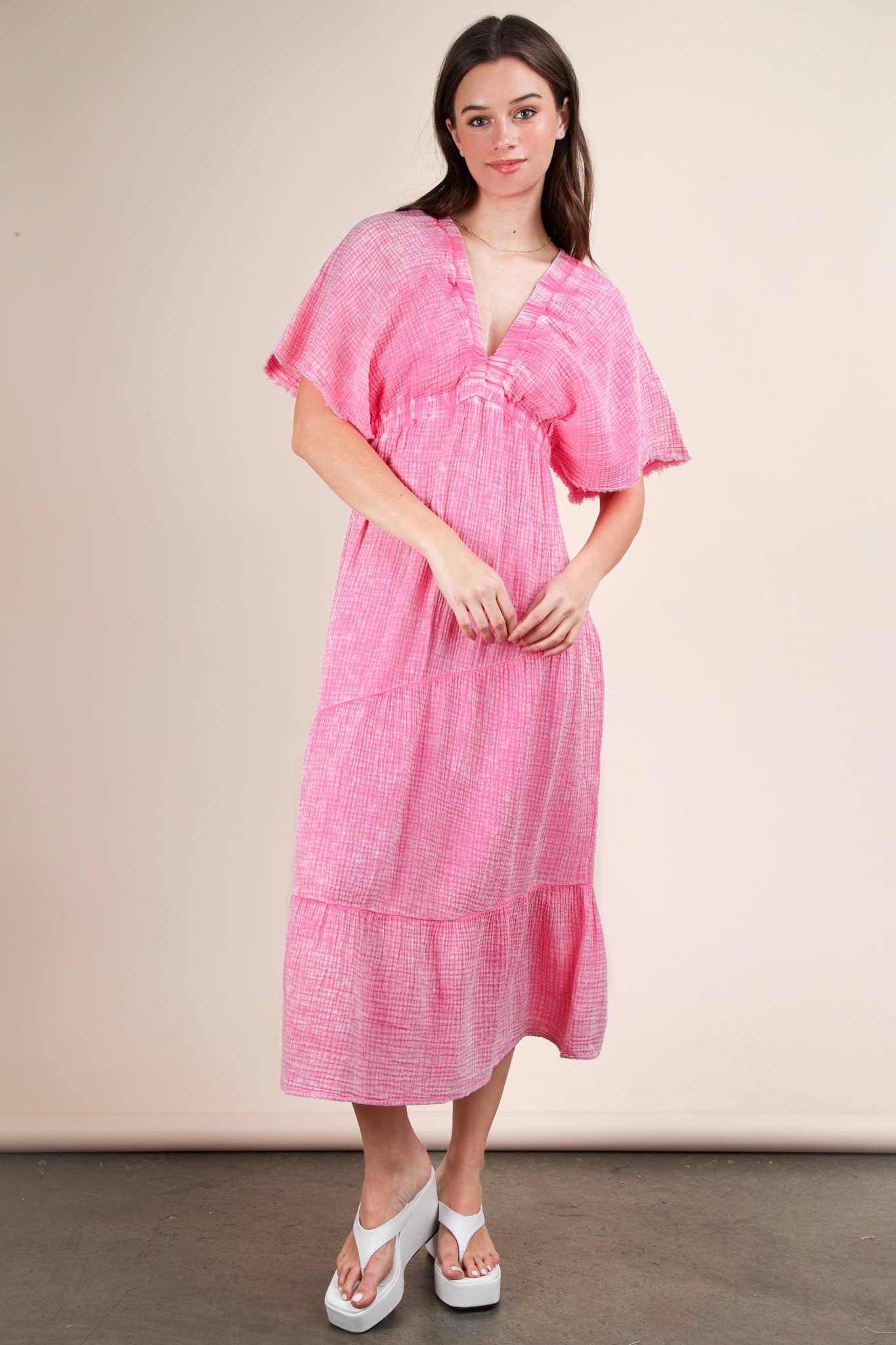 ND31584-Mineral Washed Elastic Neck Detail Midi Dress