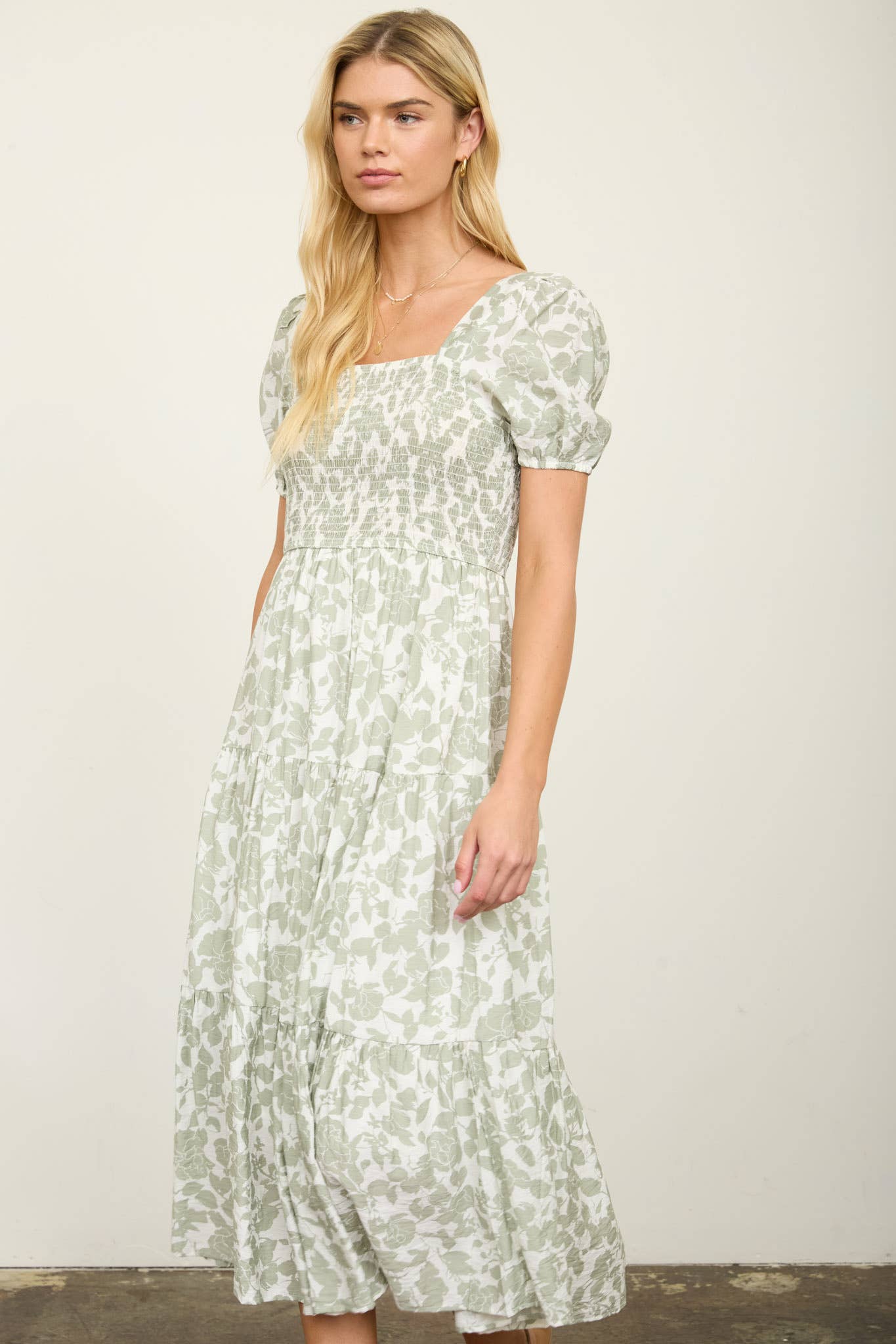 FLORAL PUFF SLEEVE SMOCKED TIERED MIDI DRESS