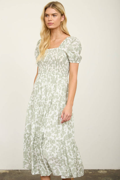 FLORAL PUFF SLEEVE SMOCKED TIERED MIDI DRESS