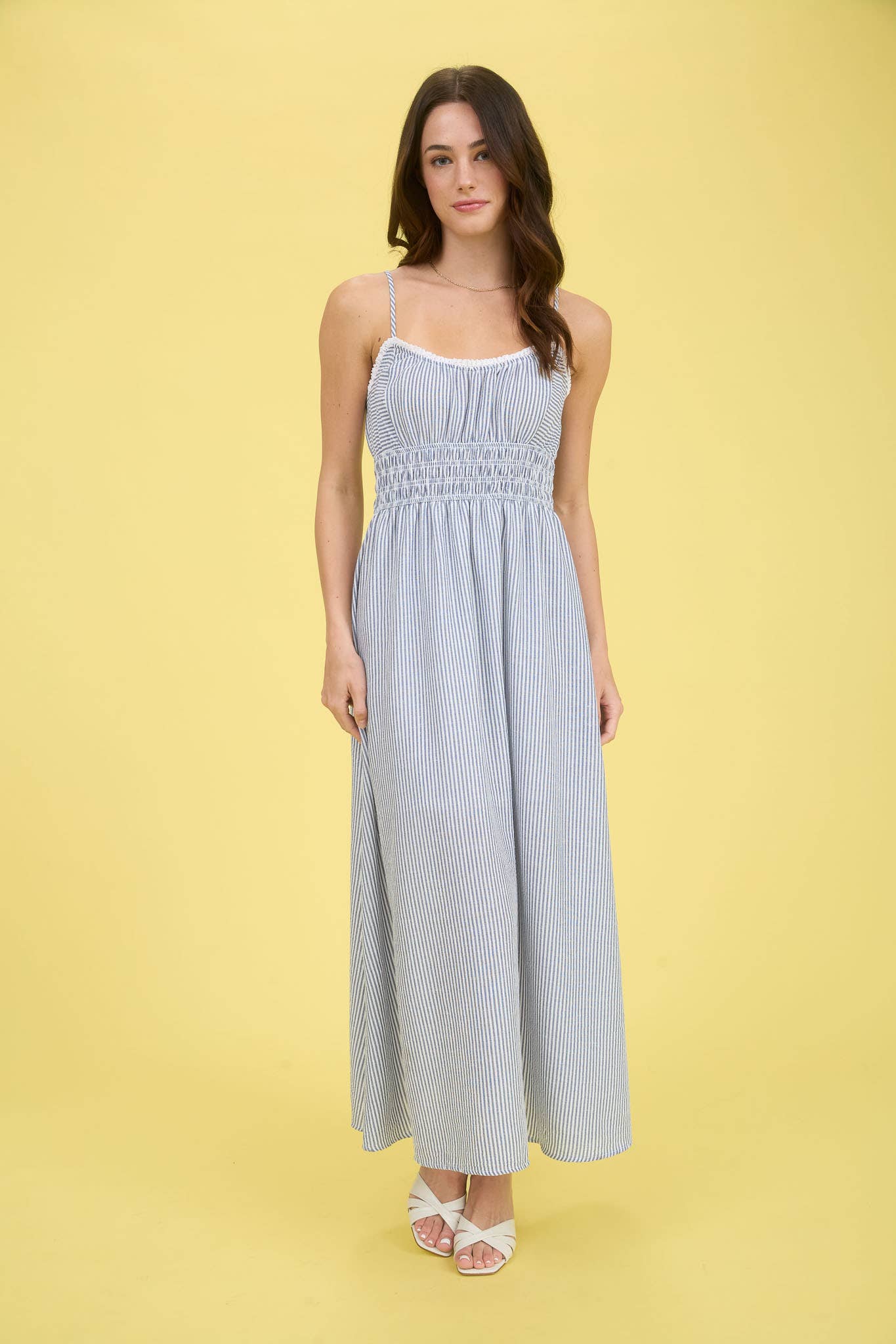 STRIPE LACE TRIM SPAGHETTI STRAP MIDI DRESS