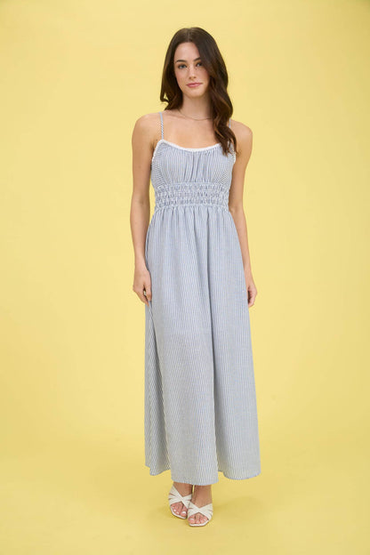 STRIPE LACE TRIM SPAGHETTI STRAP MIDI DRESS