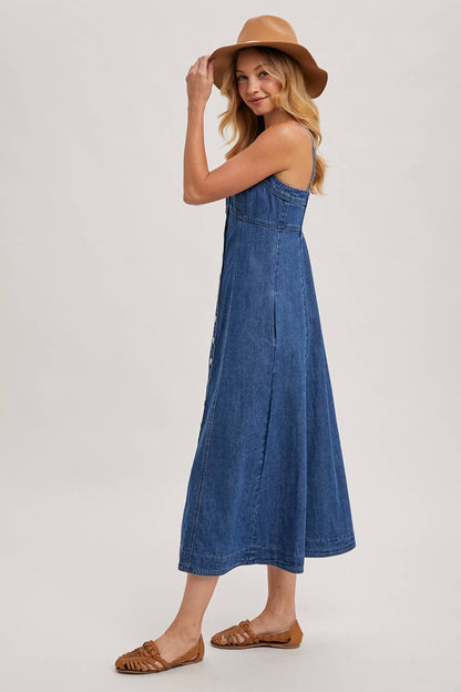 BUTTON DOWN SLEEVELESS DENIM MIDI DRESS