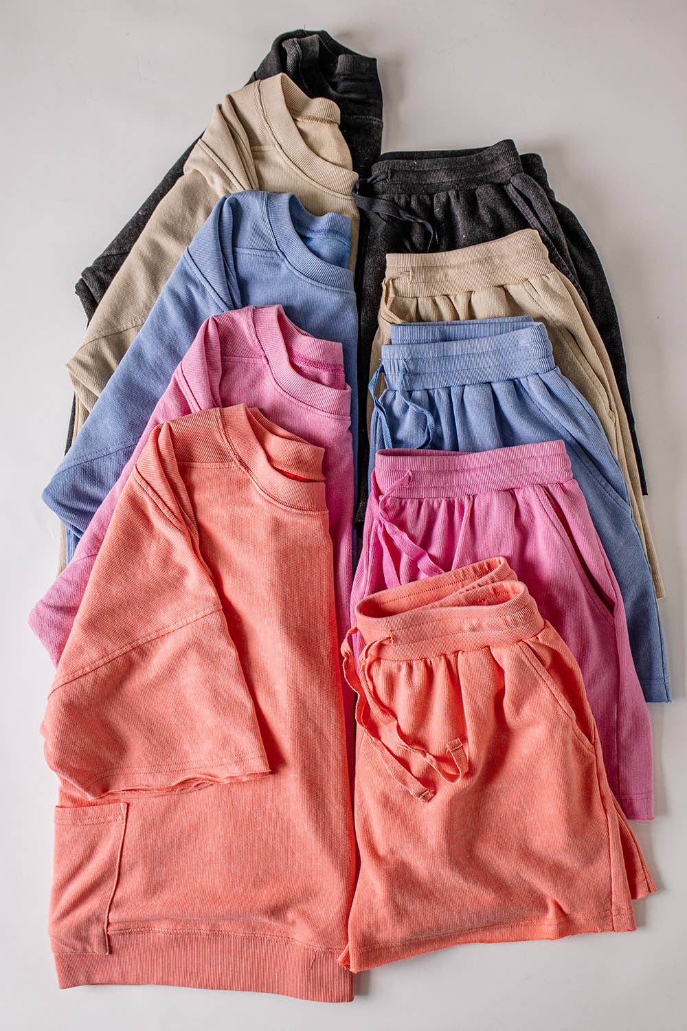 NT12429SET-Mineral Washed Knit Casual Top & Shorts