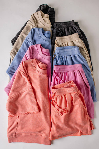 NT12429SET-Mineral Washed Knit Casual Top & Shorts