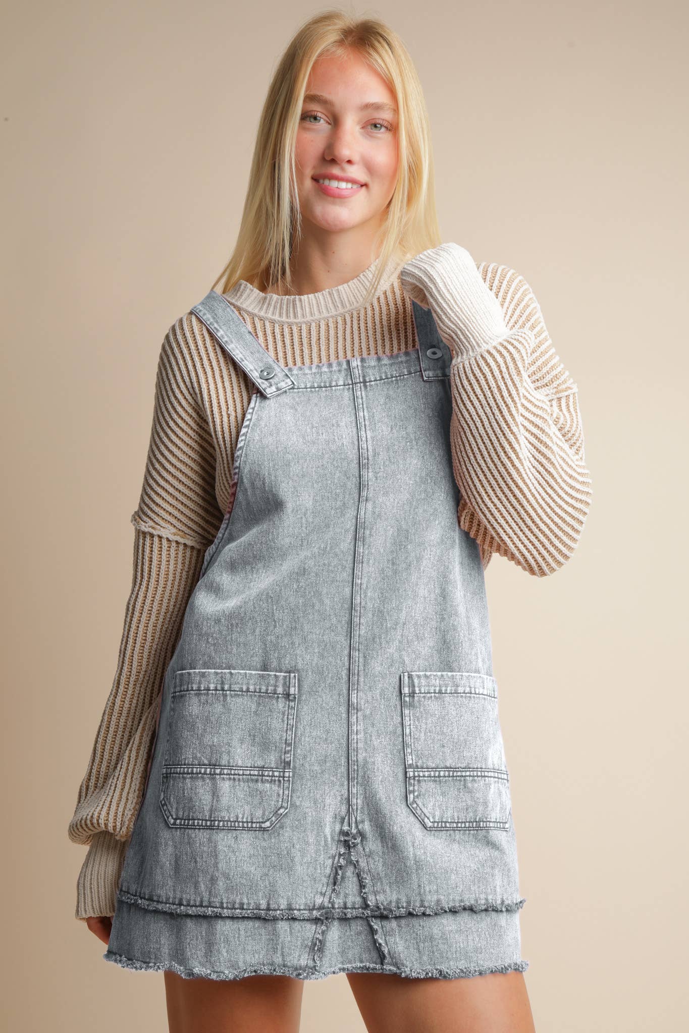 ND31791-Washed Denim Overall Mini Dress