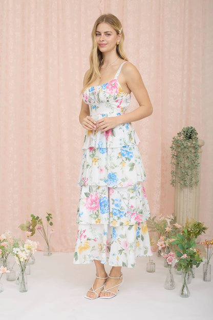 FLORAL SLEEVELESS RUFFLE TIERED SKIRT MIDI DRESS