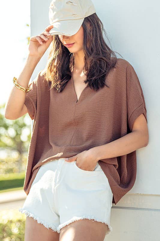 OVERSIZED VNECK FOLDED SHORT SLEEVE TOP