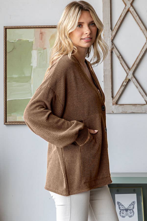 Solid Rib Drop Shoulder Button Balloon Sleeve Cardigan T5745