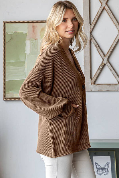 Solid Rib Drop Shoulder Button Balloon Sleeve Cardigan T5745