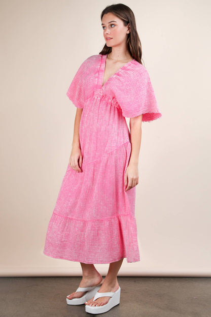 ND31584-Mineral Washed Elastic Neck Detail Midi Dress