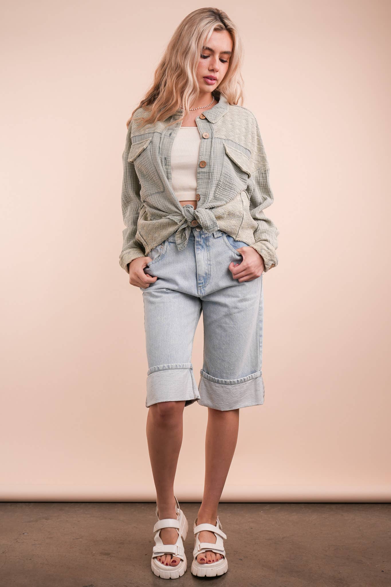 NJ90360-Mineral Washed Oversized Gauze Shacket Jacket