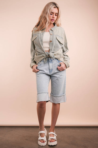 NJ90360-Mineral Washed Oversized Gauze Shacket Jacket