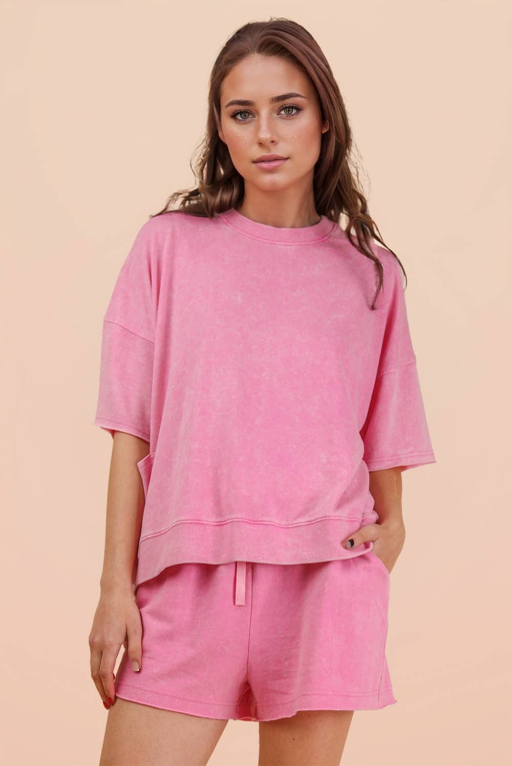 NT12429SET-Mineral Washed Knit Casual Top & Shorts