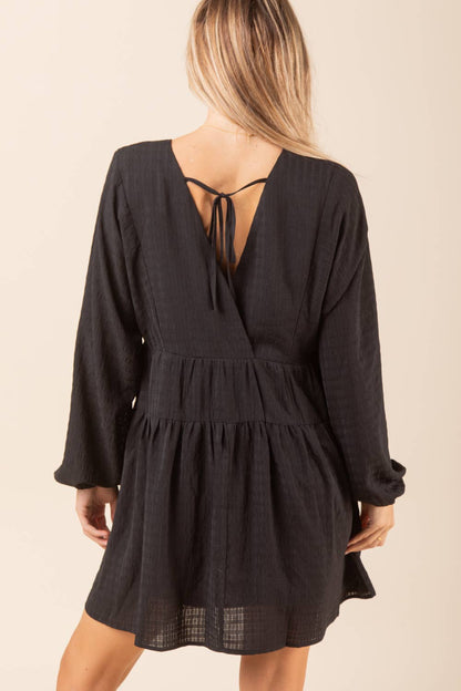ND30996-Textured Woven Mini Dress W/ Back Tie