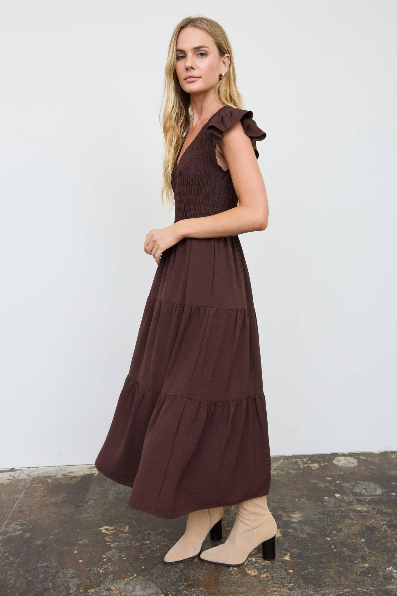 FLUTTER SLEEVE V NECK SMOCKED MIDI DRESS