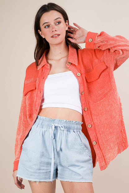 NJ90360-Mineral Washed Oversized Gauze Shacket Jacket