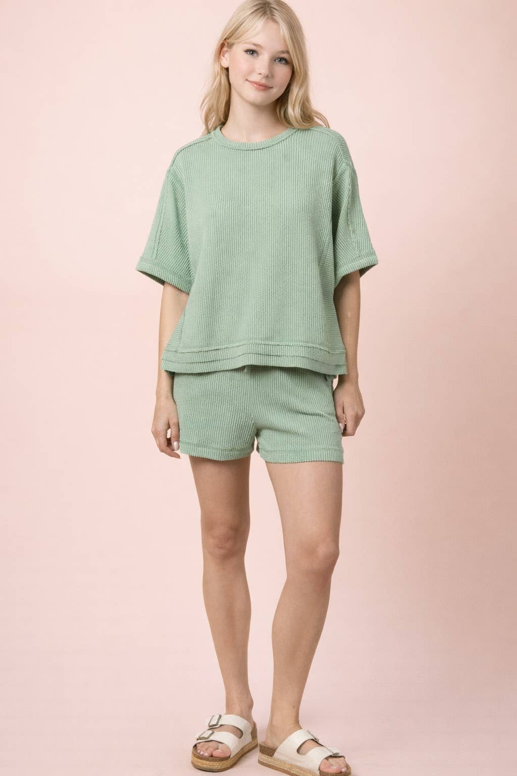 NT12686SET-Ribbed Knit Comfy Top & Shorts Set