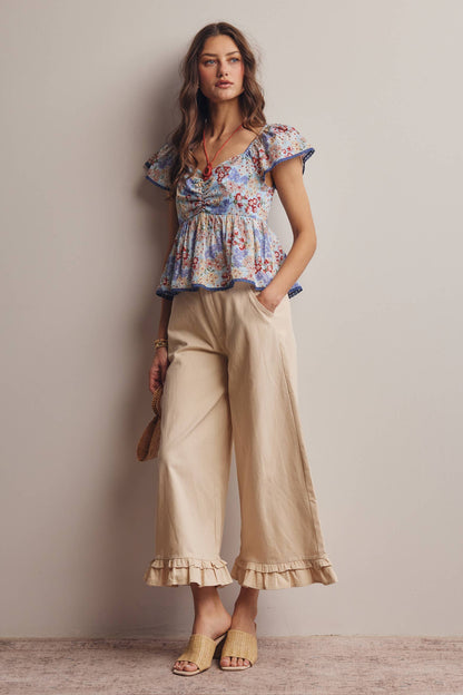 Floral Ruched Peplum Cotton Top FT0046