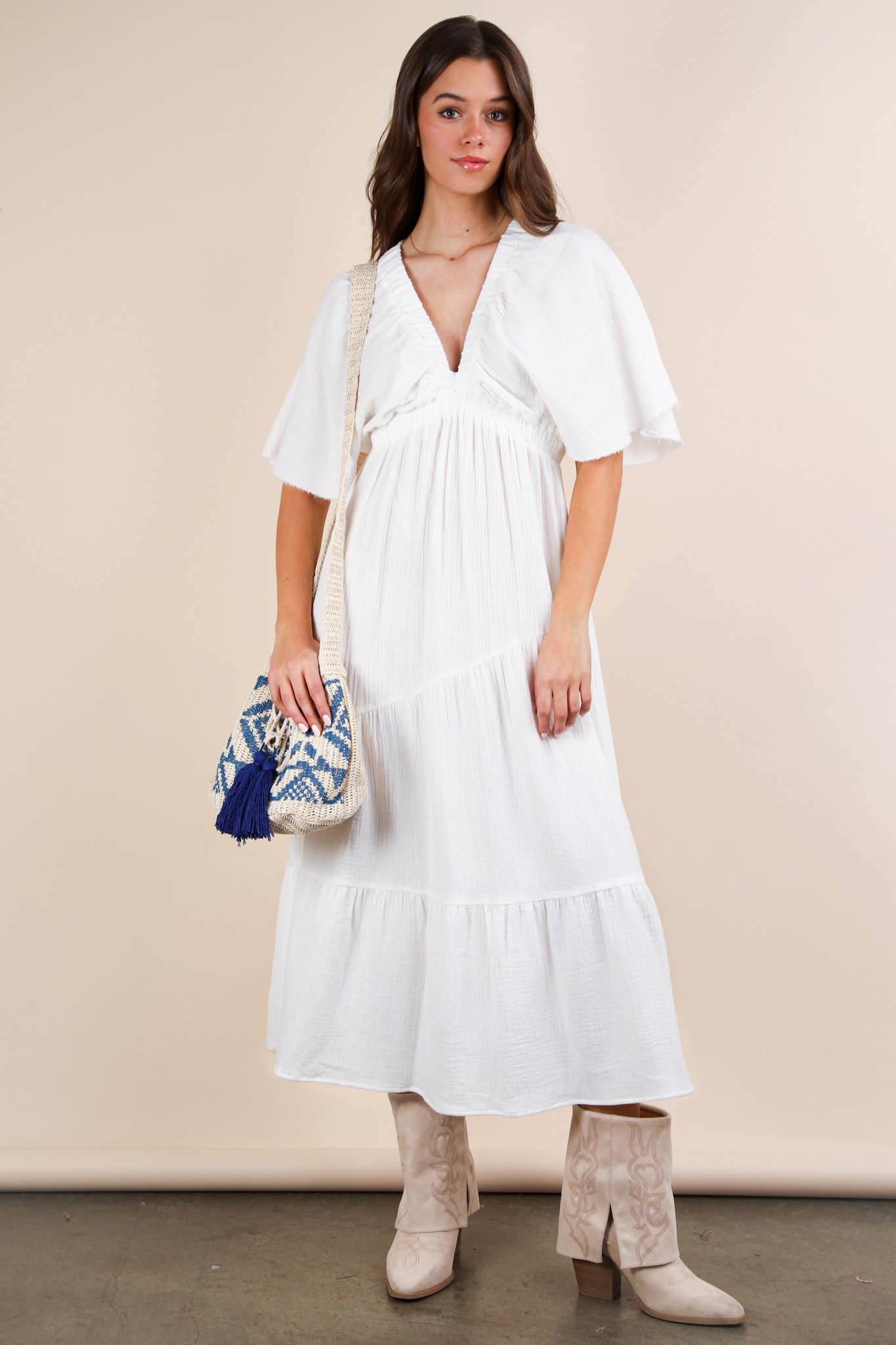 ND31584-Mineral Washed Elastic Neck Detail Midi Dress