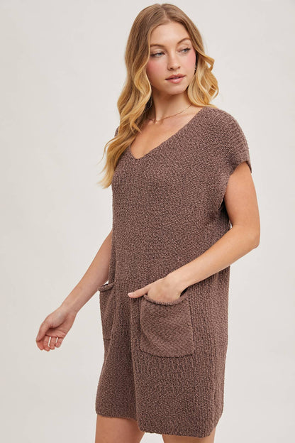 V-NECK KNIT SWEATER DRESS WITH POCKETS