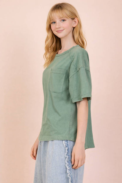 NT11108-Mineral Washed Knit Top with Pocket