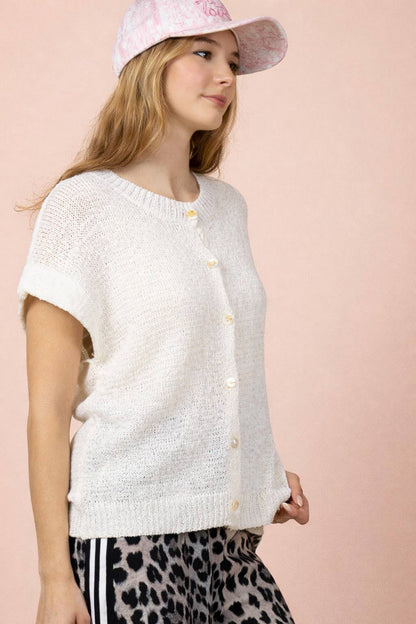 12W3653N-Button Down Solid Knit Summer Sweater Top