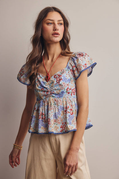Floral Ruched Peplum Cotton Top FT0046