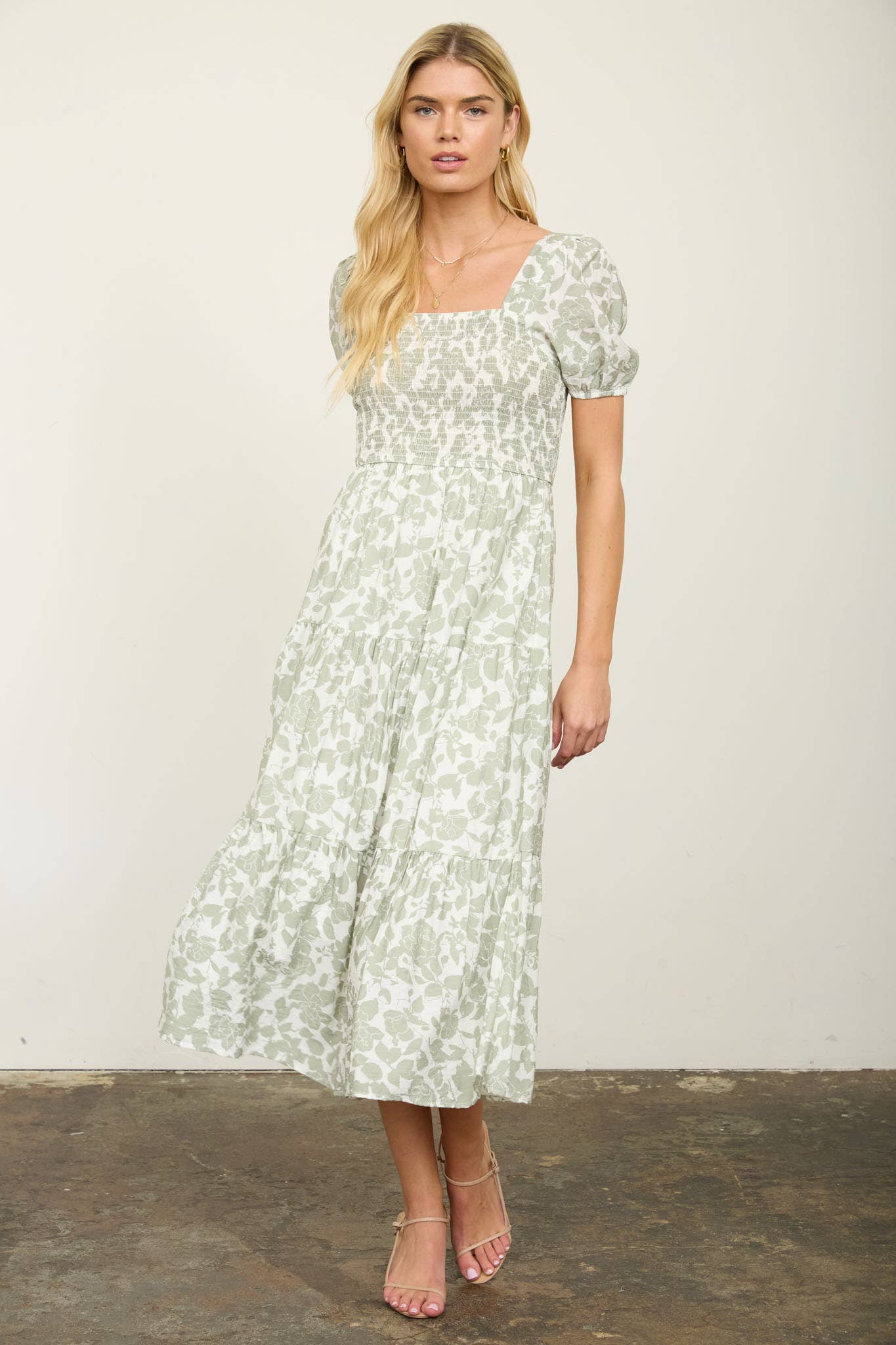 FLORAL PUFF SLEEVE SMOCKED TIERED MIDI DRESS