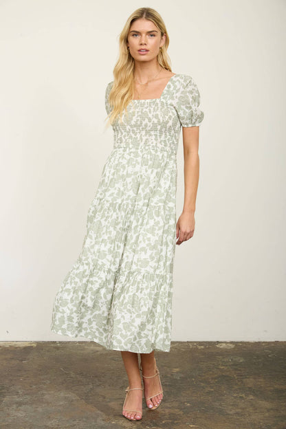 FLORAL PUFF SLEEVE SMOCKED TIERED MIDI DRESS