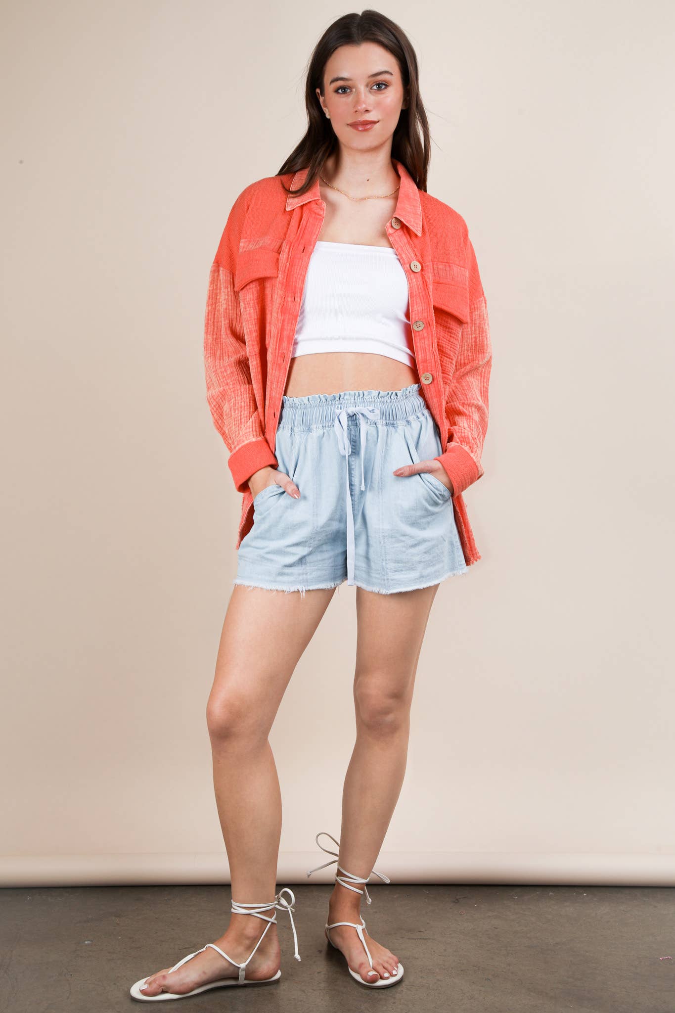 NJ90360-Mineral Washed Oversized Gauze Shacket Jacket