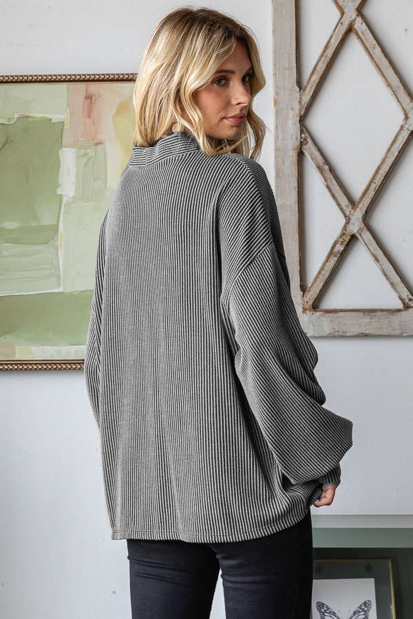 Solid Rib Drop Shoulder Button Balloon Sleeve Cardigan T5745
