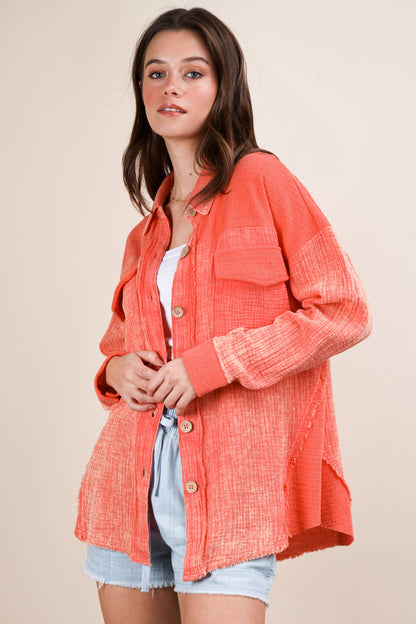NJ90360-Mineral Washed Oversized Gauze Shacket Jacket