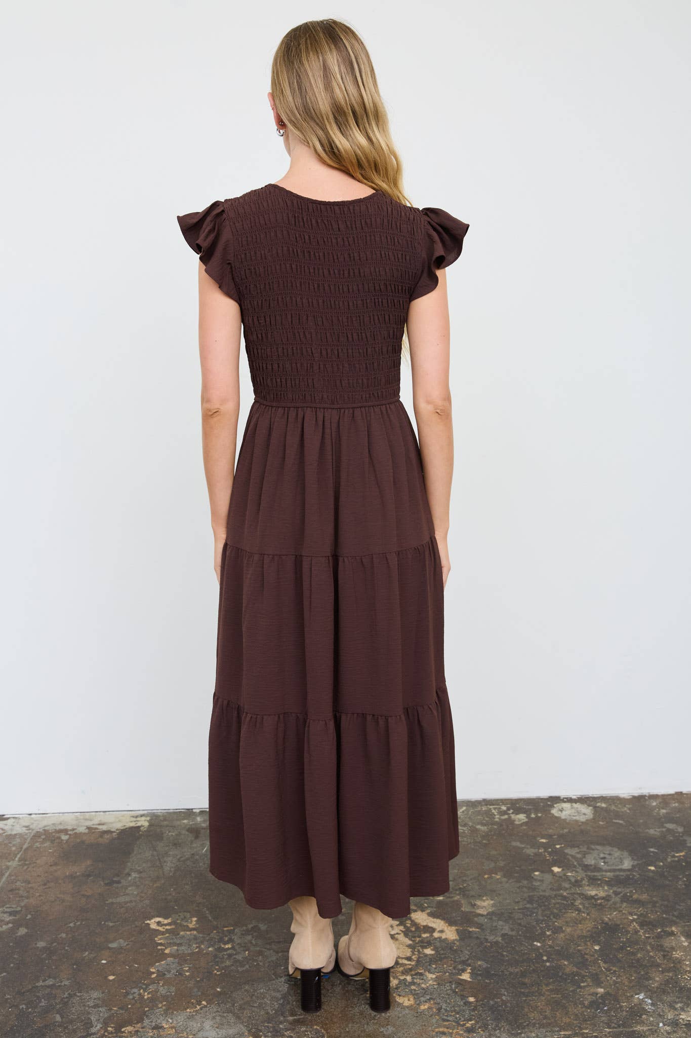 FLUTTER SLEEVE V NECK SMOCKED MIDI DRESS