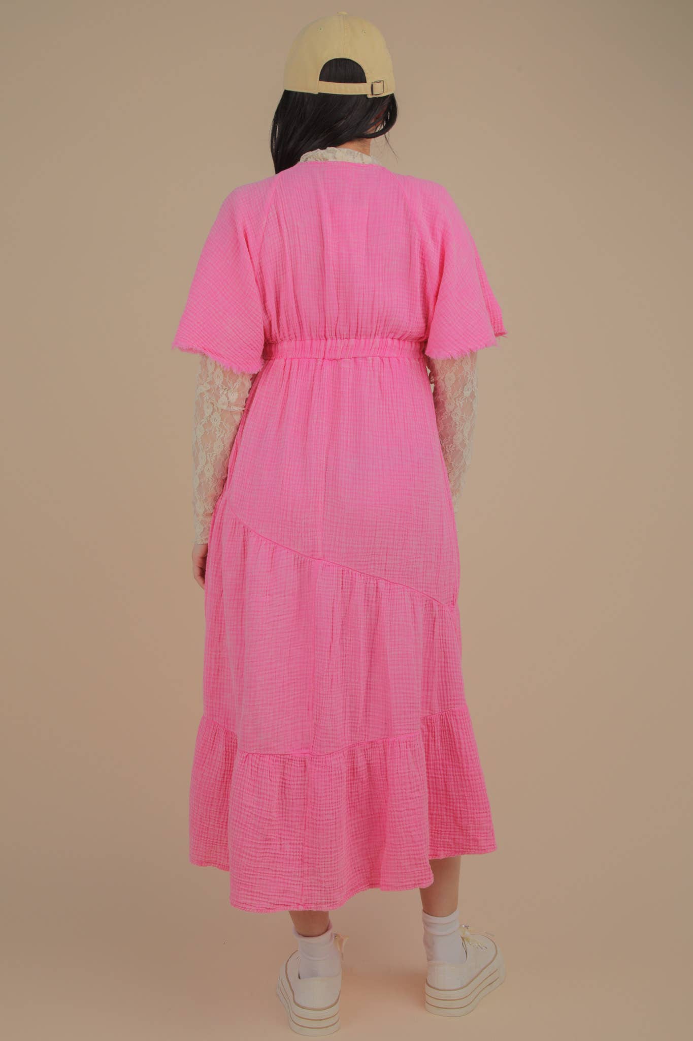 ND31584-Mineral Washed Elastic Neck Detail Midi Dress