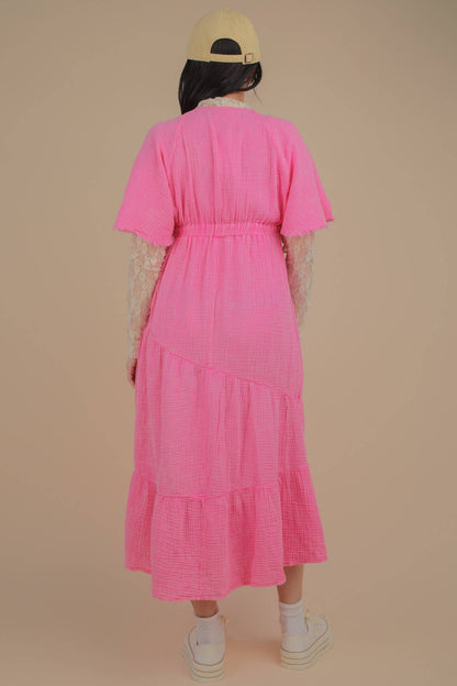 ND31584-Mineral Washed Elastic Neck Detail Midi Dress