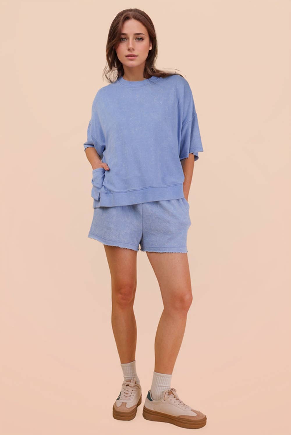 NT12429SET-Mineral Washed Knit Casual Top & Shorts