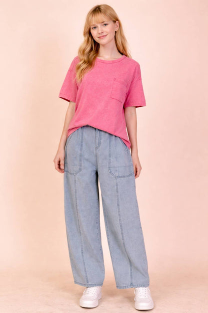 NT11108-Mineral Washed Knit Top with Pocket