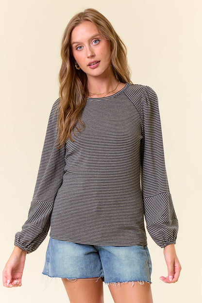 Round Neck Bubble Long Sleeve Striped Top