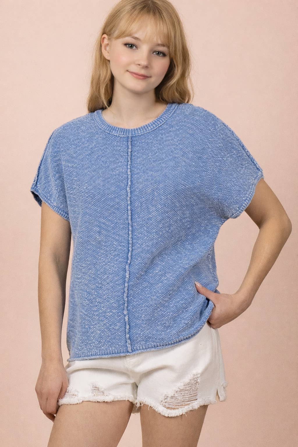 12W3342N-Mineral Washed Knit Casual Sweater Top