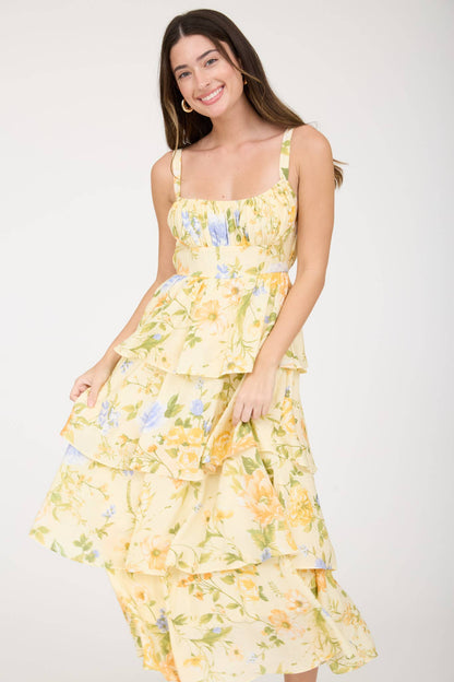 FLORAL SLEEVELESS RUFFLE TIERED SKIRT MIDI DRESS