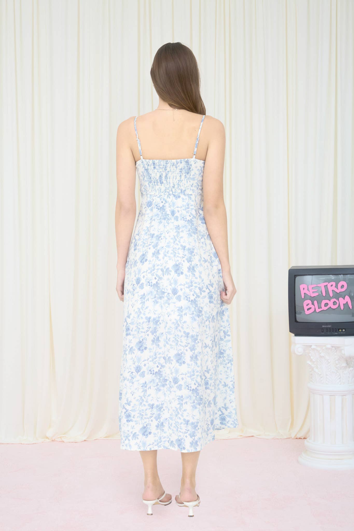 WATERCOLOR FLORAL SPAGHETTI STRAP MIDI DRESS