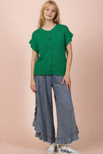 12W3653N-Button Down Solid Knit Summer Sweater Top