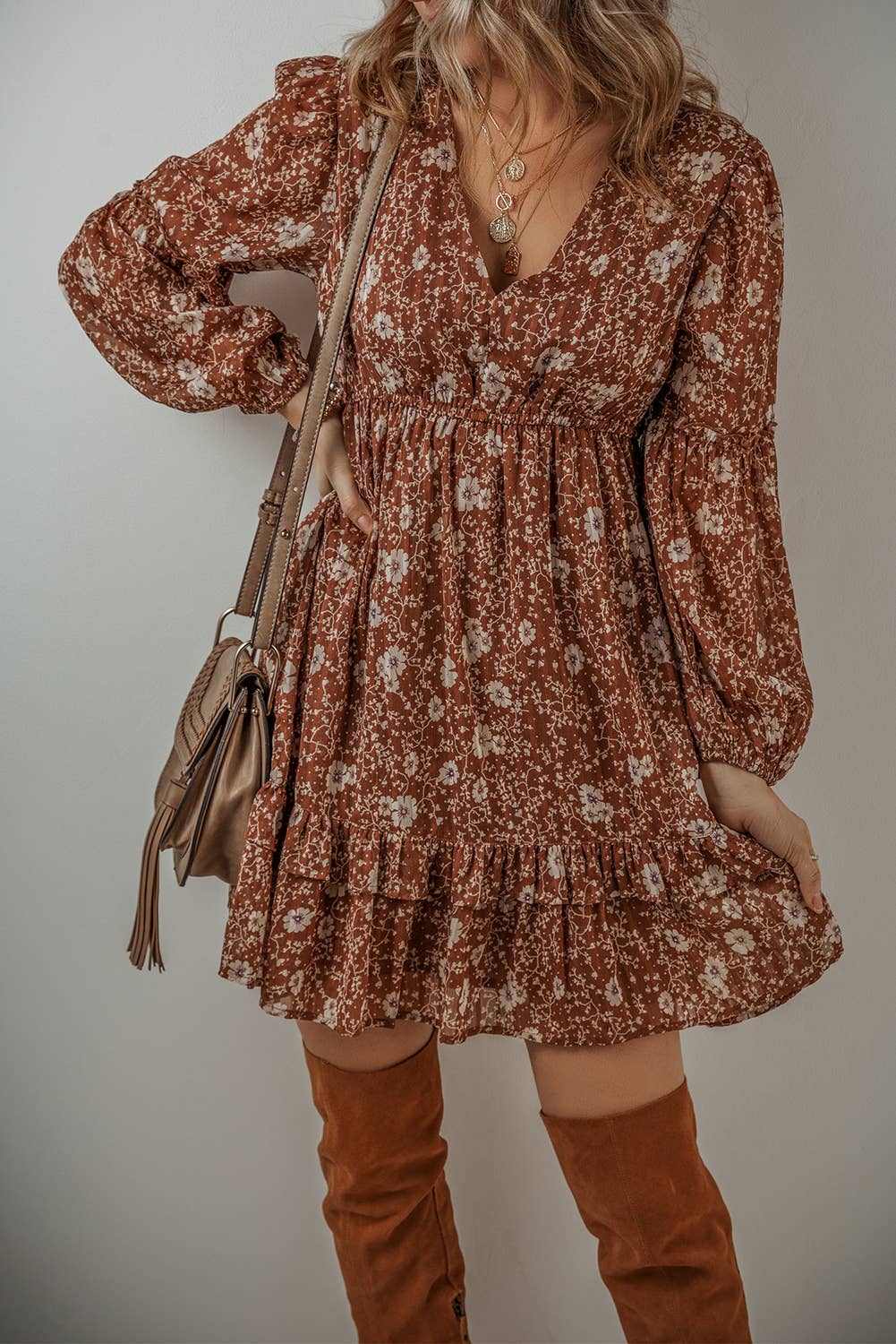 LDC Boho Floral Ruffled Puff Sleeve V Neck Mini Dress