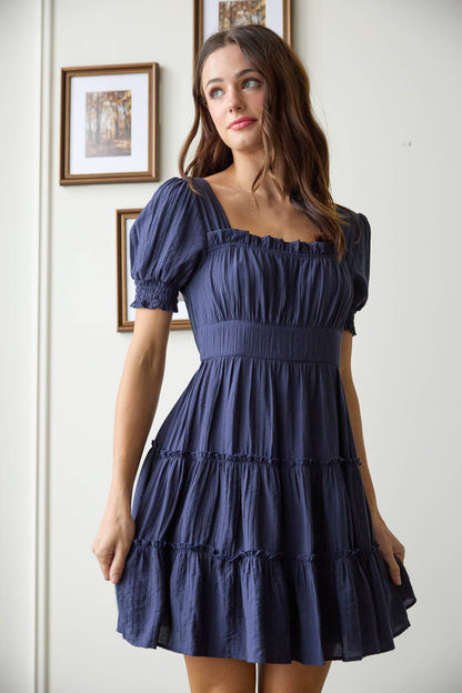 SQUARE NECK SMOCKED DETAIL TIERED MINI DRESS
