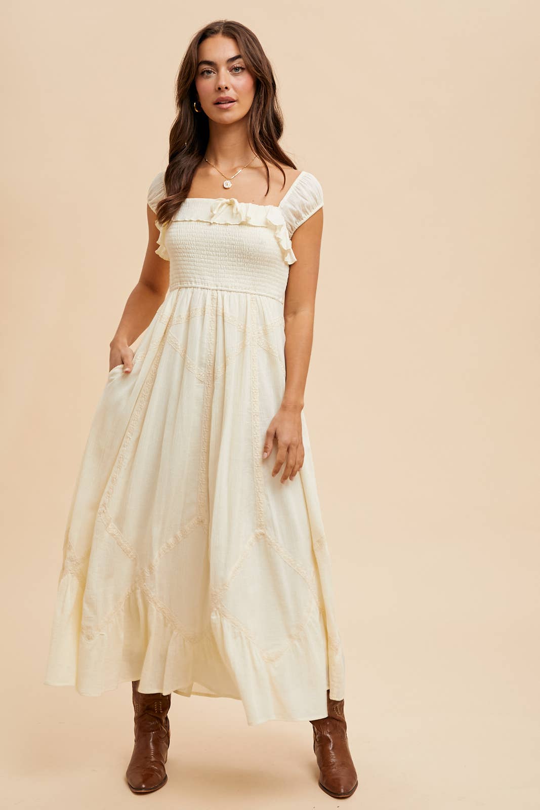 SMOCKED MAXI WITH LACE TRIM DETAIL